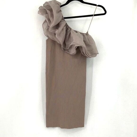 NWT Zara Gray One Shoulder Ruffle Knit Organza Mini Dress Large - Picture 4 of 9
